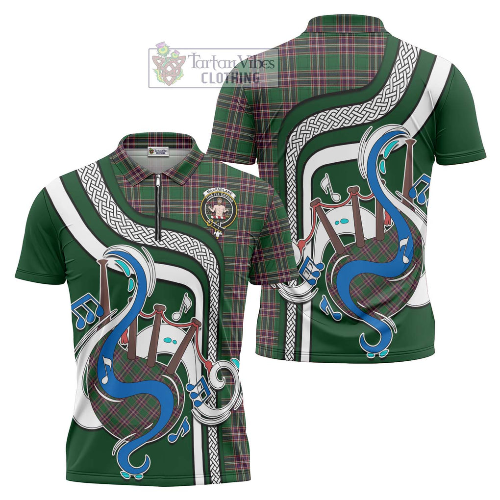 MacFarlane Hunting Tartan Zipper Polo Shirt with Epic Bagpipe Style Unisex - Tartanvibesclothing Shop