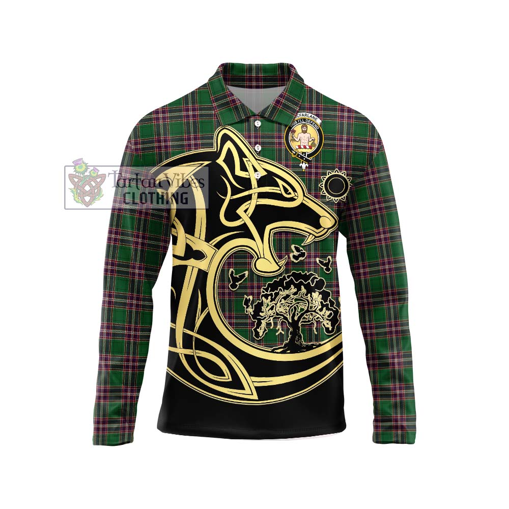 MacFarlane Hunting Tartan Long Sleeve Polo Shirt with Family Crest Celtic Wolf Style Unisex - Tartanvibesclothing Shop