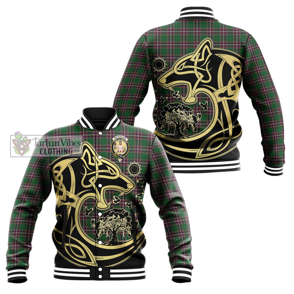 MacFarlane Hunting Tartan Baseball Jacket with Family Crest Celtic Wolf Style Unisex - Tartan Vibes Clothing