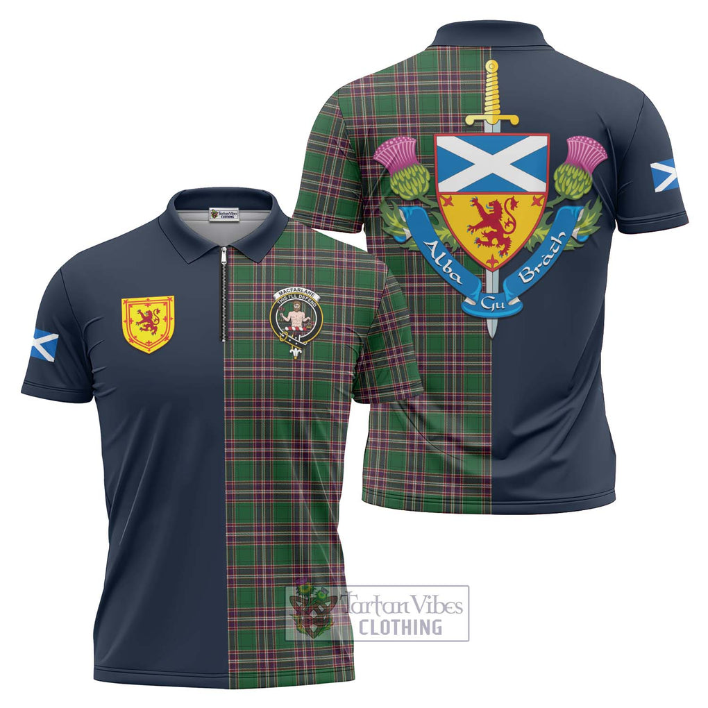 Tartan Vibes Clothing MacFarlane Hunting Tartan Zipper Polo Shirt with Scottish Lion Royal Arm Half Style