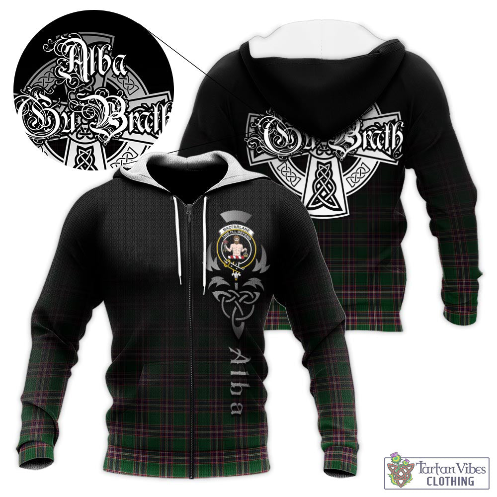 Tartan Vibes Clothing MacFarlane Hunting Tartan Knitted Hoodie Featuring Alba Gu Brath Family Crest Celtic Inspired