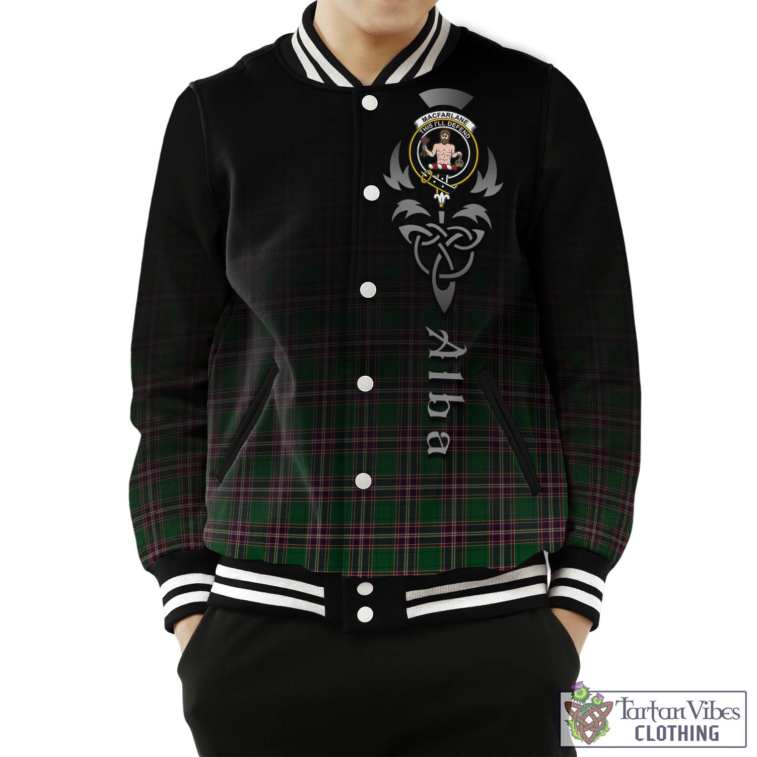 Tartan Vibes Clothing MacFarlane Hunting Tartan Baseball Jacket Featuring Alba Gu Brath Family Crest Celtic Inspired