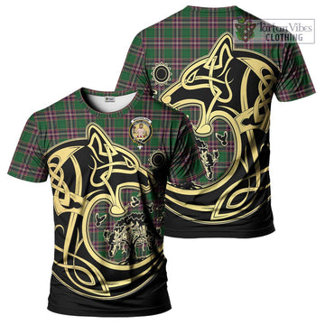 MacFarlane Hunting Tartan T-Shirt with Family Crest Celtic Wolf Style