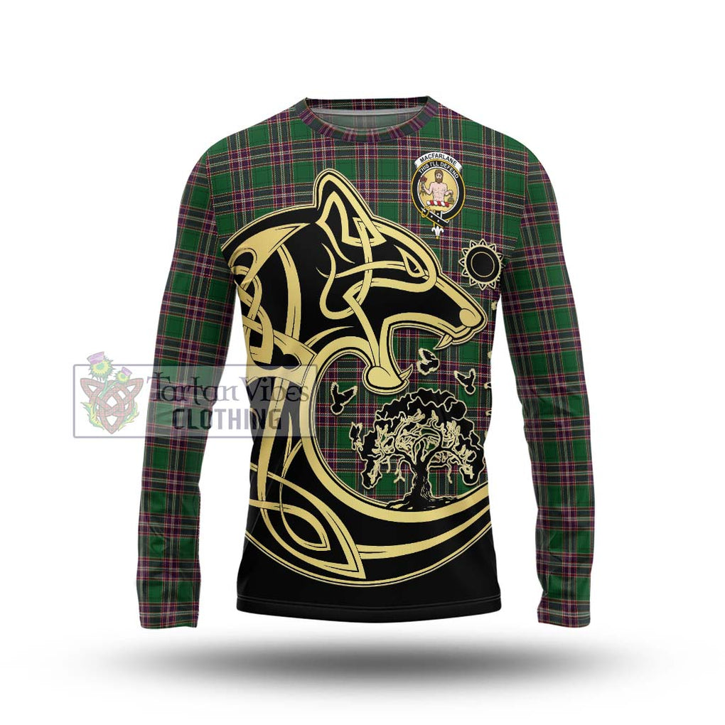 MacFarlane Hunting Tartan Long Sleeve T-Shirt with Family Crest Celtic Wolf Style Unisex - Tartan Vibes Clothing