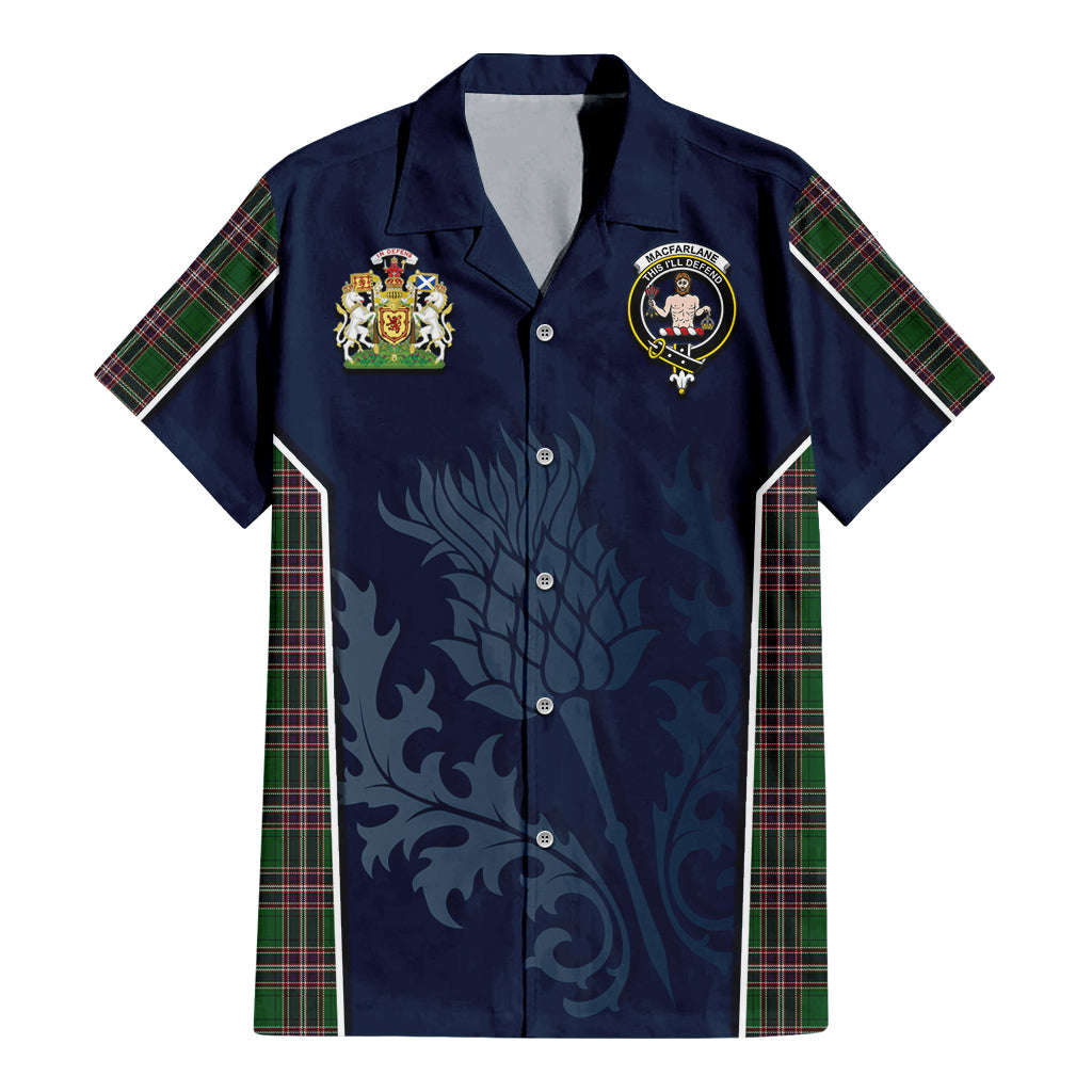 Tartan Vibes Clothing MacFarlane Hunting Tartan Short Sleeve Button Up Shirt with Family Crest and Scottish Thistle Vibes Sport Style