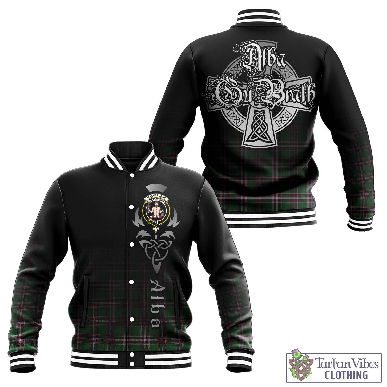 Tartan Vibes Clothing MacFarlane Hunting Tartan Baseball Jacket Featuring Alba Gu Brath Family Crest Celtic Inspired