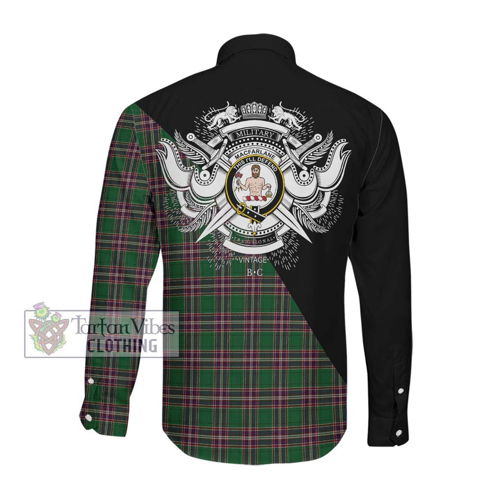 MacFarlane Hunting Tartan Long Sleeve Button Shirt with Family Crest and Military Logo Style Men's Shirt - Tartanvibesclothing Shop