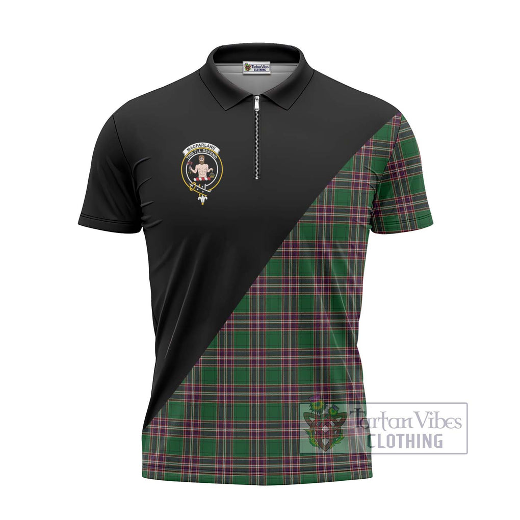 MacFarlane Hunting Tartan Zipper Polo Shirt with Family Crest and Military Logo Style - Tartanvibesclothing Shop