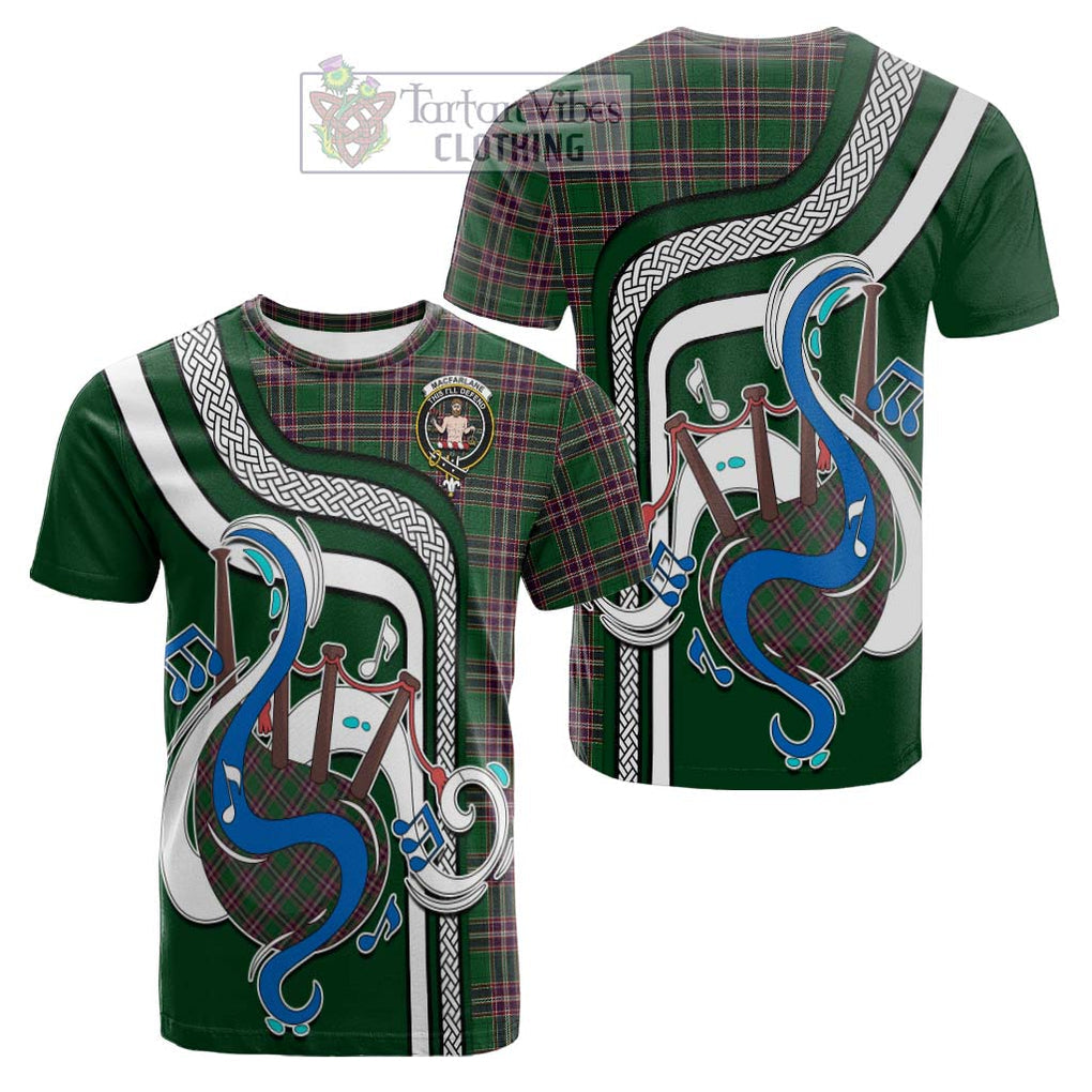 Tartan Vibes Clothing MacFarlane Hunting Tartan Cotton T-shirt with Epic Bagpipe Style