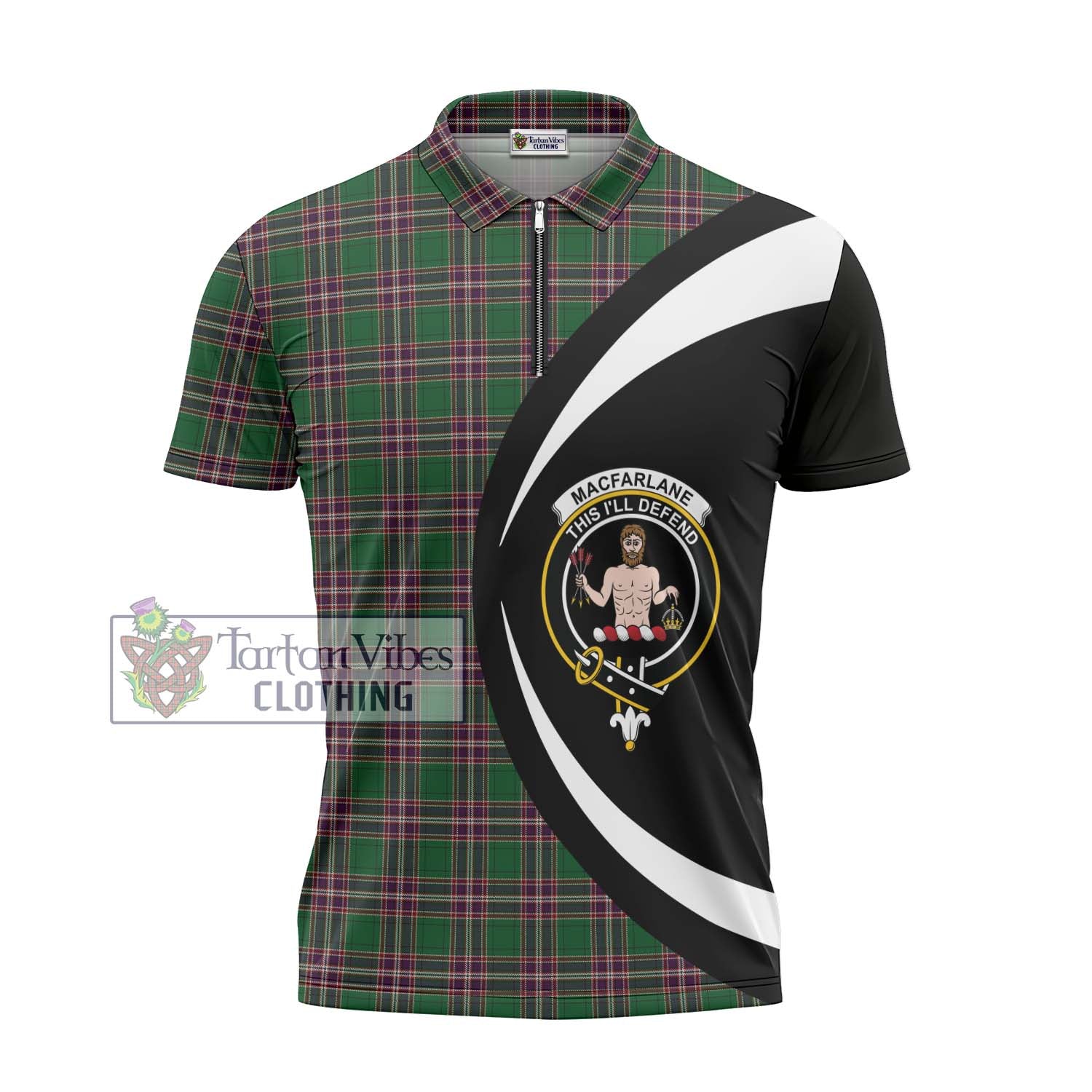 Tartan Vibes Clothing MacFarlane Hunting Tartan Zipper Polo Shirt with Family Crest Circle Style