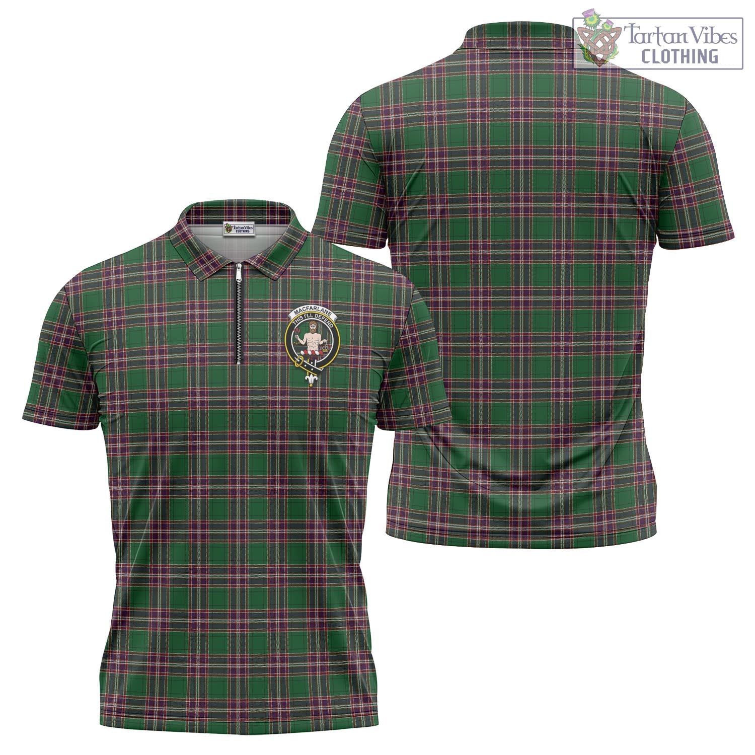 Tartan Vibes Clothing MacFarlane Hunting Tartan Zipper Polo Shirt with Family Crest