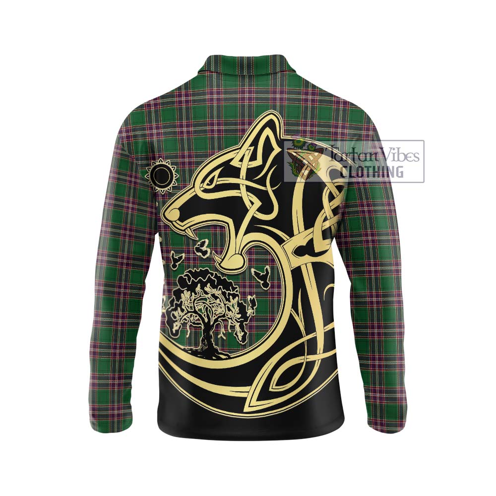 MacFarlane Hunting Tartan Long Sleeve Polo Shirt with Family Crest Celtic Wolf Style - Tartanvibesclothing Shop