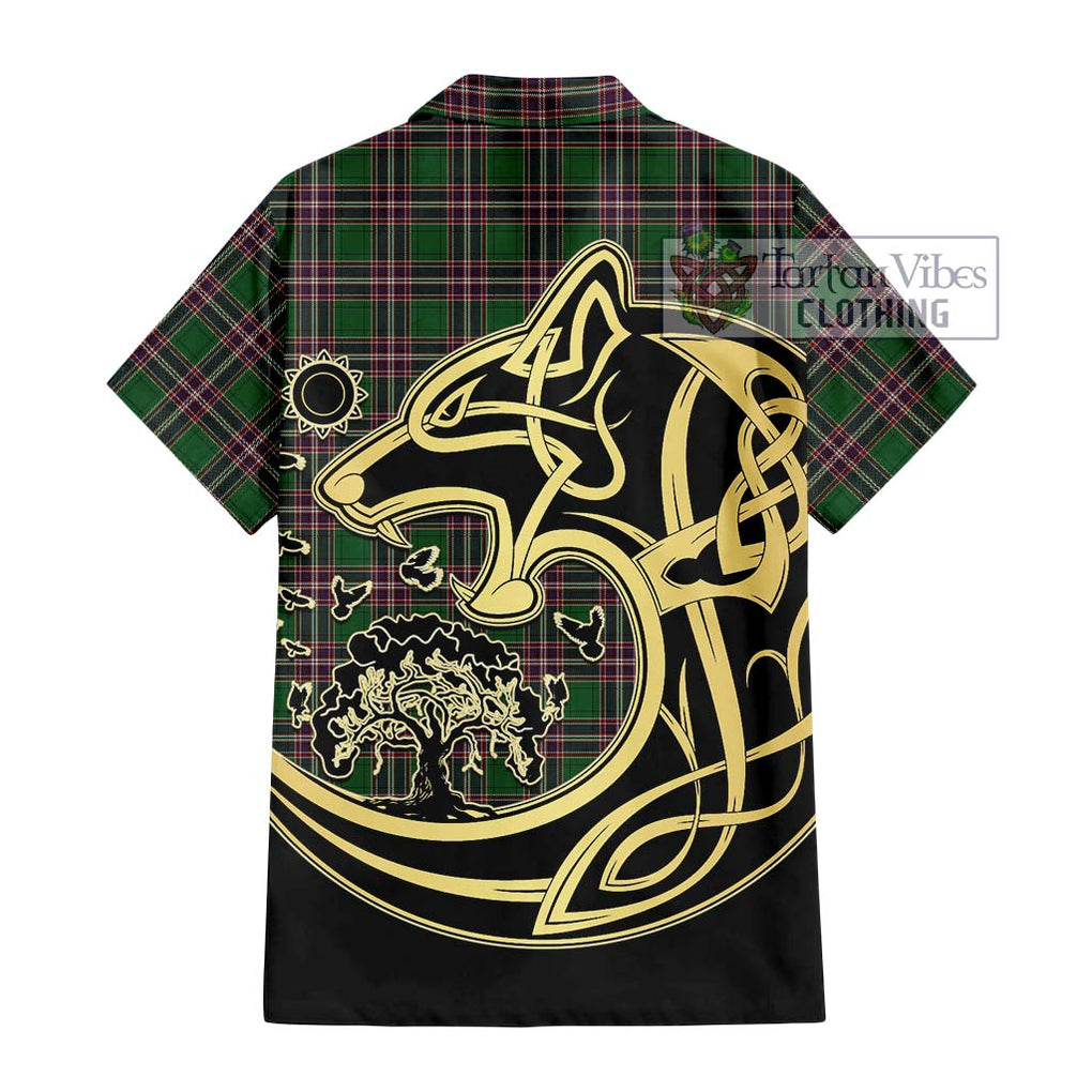 MacFarlane Hunting Tartan Short Sleeve Button Shirt with Family Crest Celtic Wolf Style - Tartan Vibes Clothing