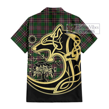 MacFarlane Hunting Tartan Short Sleeve Button Shirt with Family Crest Celtic Wolf Style