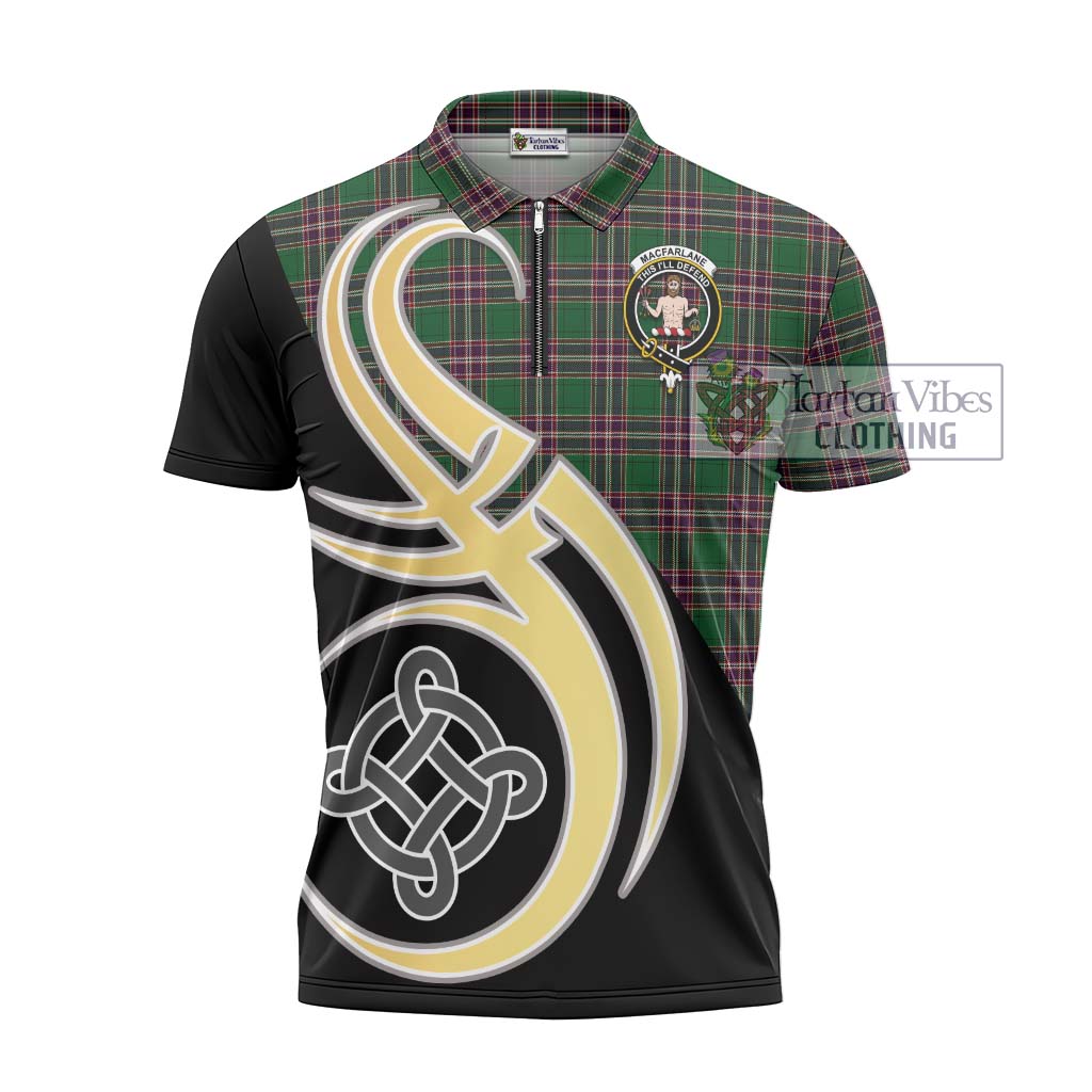 Tartan Vibes Clothing MacFarlane Hunting Tartan Zipper Polo Shirt with Family Crest and Celtic Symbol Style