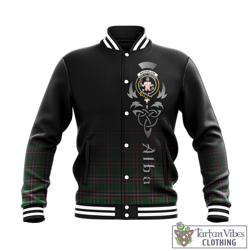 Tartan Vibes Clothing MacFarlane Hunting Tartan Baseball Jacket Featuring Alba Gu Brath Family Crest Celtic Inspired