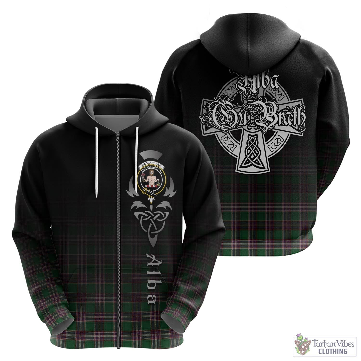 Tartan Vibes Clothing MacFarlane Hunting Tartan Hoodie Featuring Alba Gu Brath Family Crest Celtic Inspired