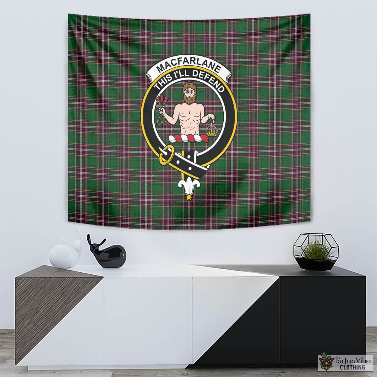 Tartan Vibes Clothing MacFarlane Hunting Tartan Tapestry Wall Hanging and Home Decor for Room with Family Crest