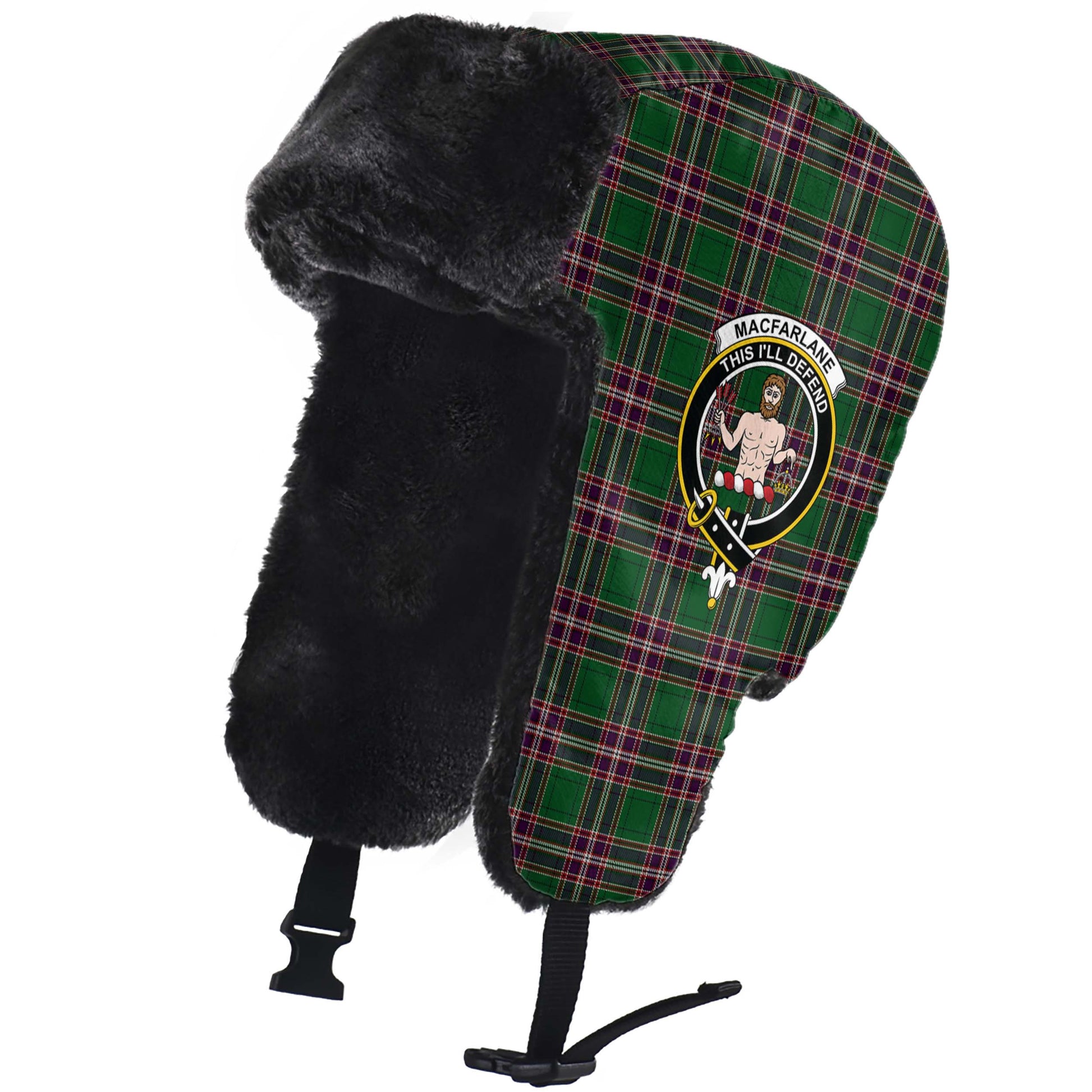 MacFarlane Hunting Tartan Winter Trapper Hat with Family Crest - Tartanvibesclothing