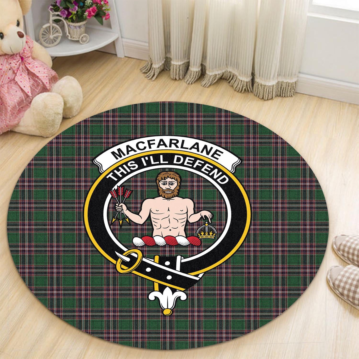 macfarlane-hunting-tartan-round-rug-with-family-crest