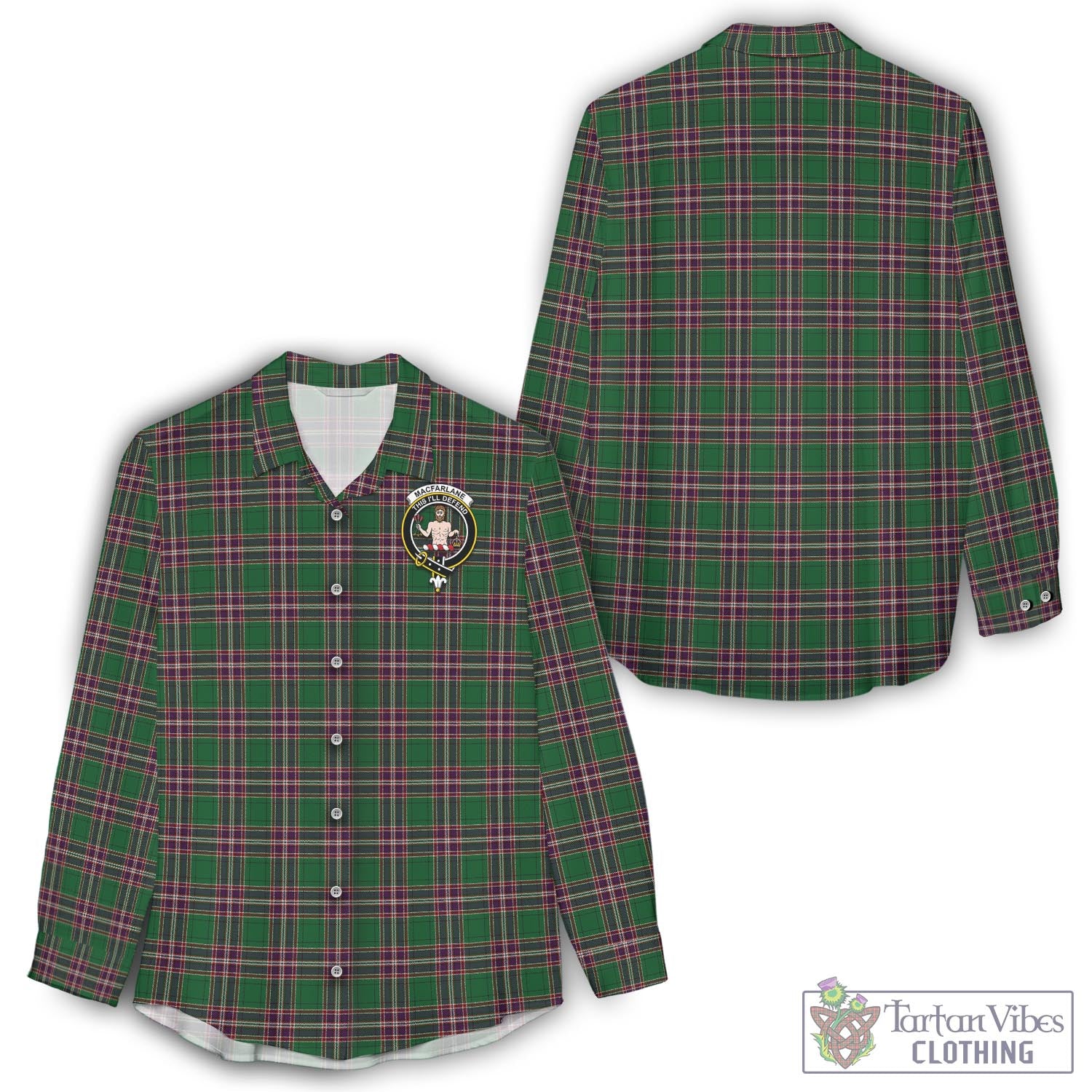 Tartan Vibes Clothing MacFarlane Hunting Tartan Womens Casual Shirt with Family Crest