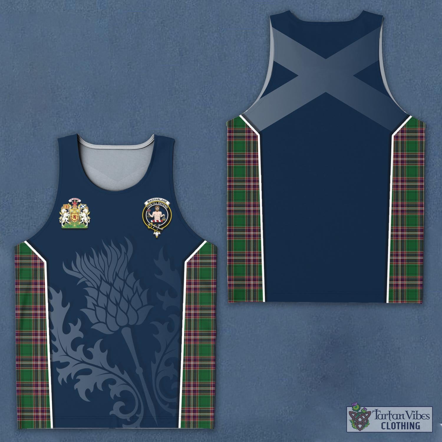 Tartan Vibes Clothing MacFarlane Hunting Tartan Men's Tanks Top with Family Crest and Scottish Thistle Vibes Sport Style