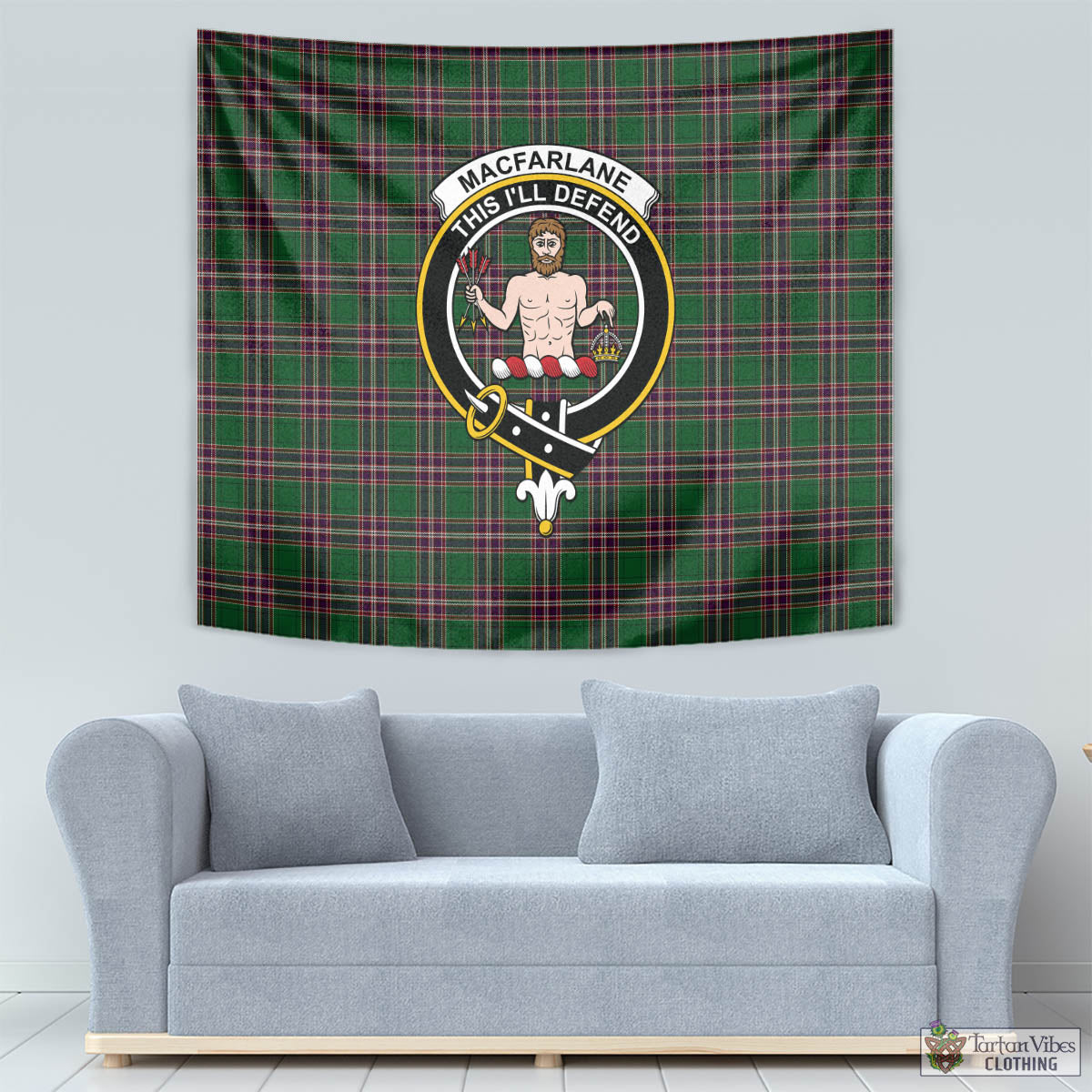 Tartan Vibes Clothing MacFarlane Hunting Tartan Tapestry Wall Hanging and Home Decor for Room with Family Crest