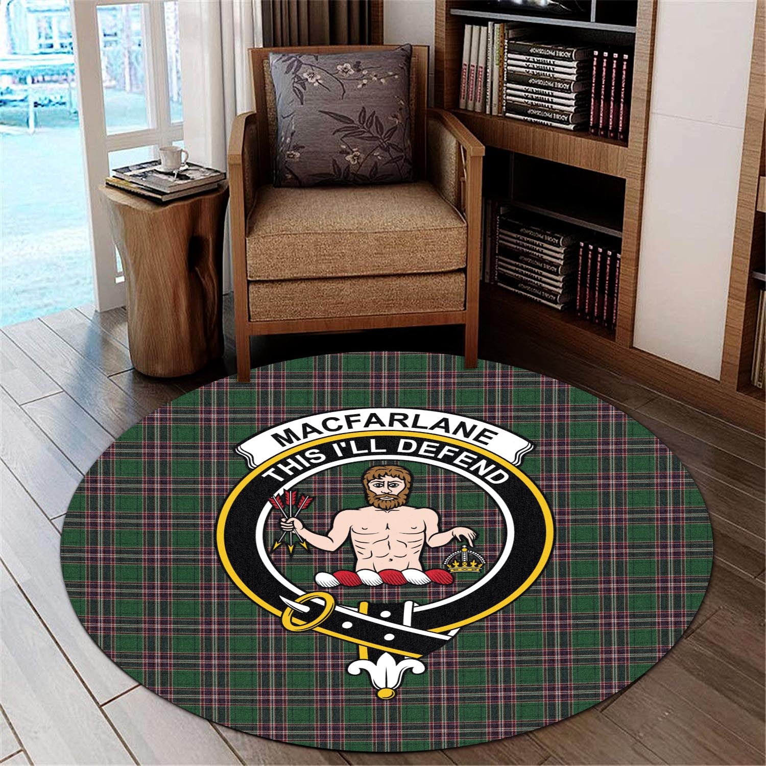 macfarlane-hunting-tartan-round-rug-with-family-crest