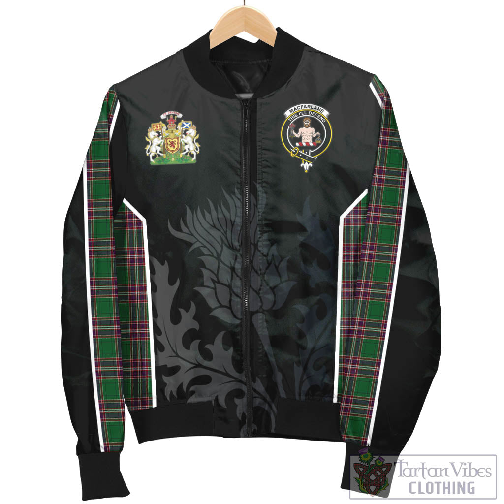 Tartan Vibes Clothing MacFarlane Hunting Tartan Bomber Jacket with Family Crest and Scottish Thistle Vibes Sport Style