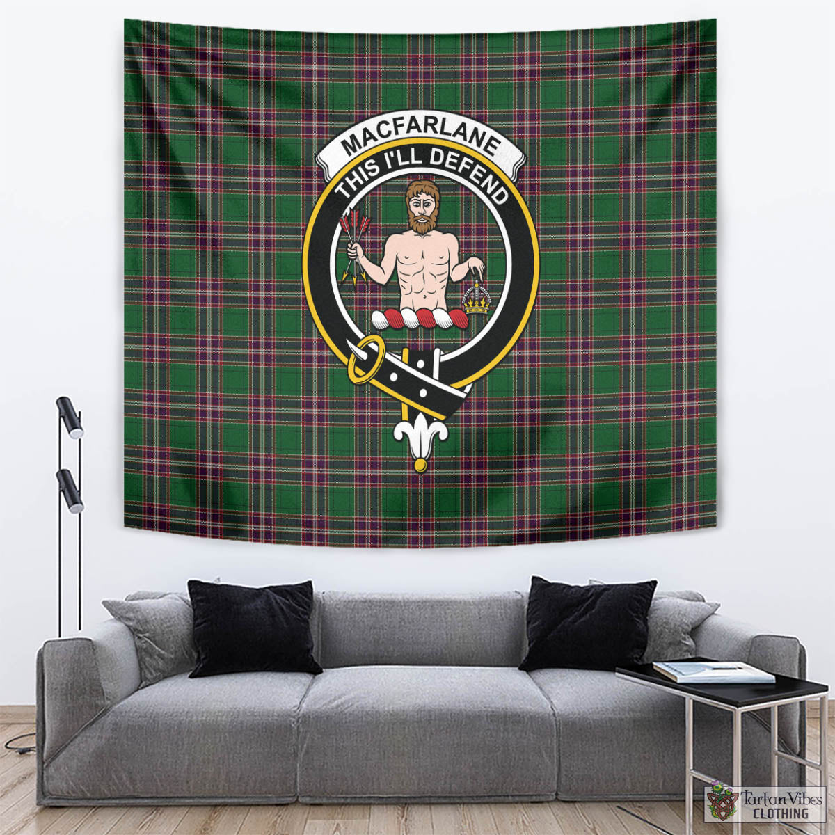 Tartan Vibes Clothing MacFarlane Hunting Tartan Tapestry Wall Hanging and Home Decor for Room with Family Crest