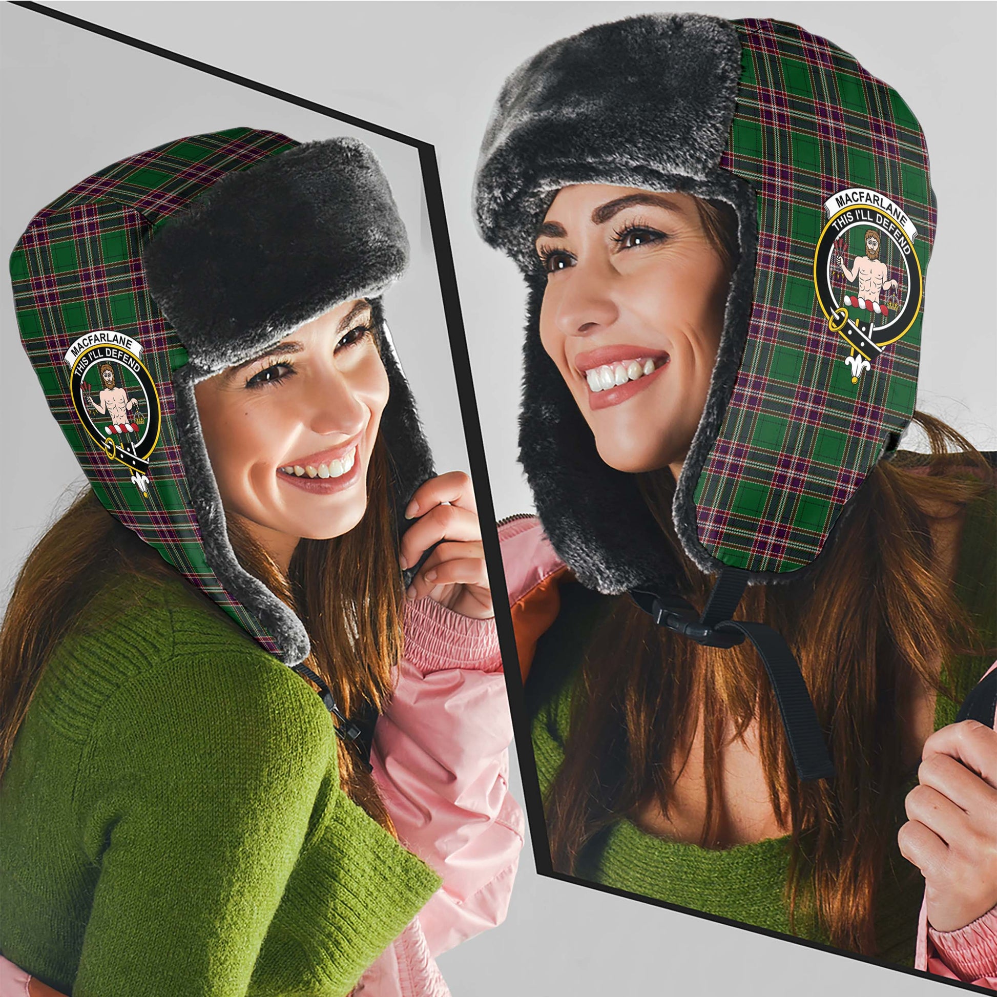 MacFarlane Hunting Tartan Winter Trapper Hat with Family Crest - Tartanvibesclothing