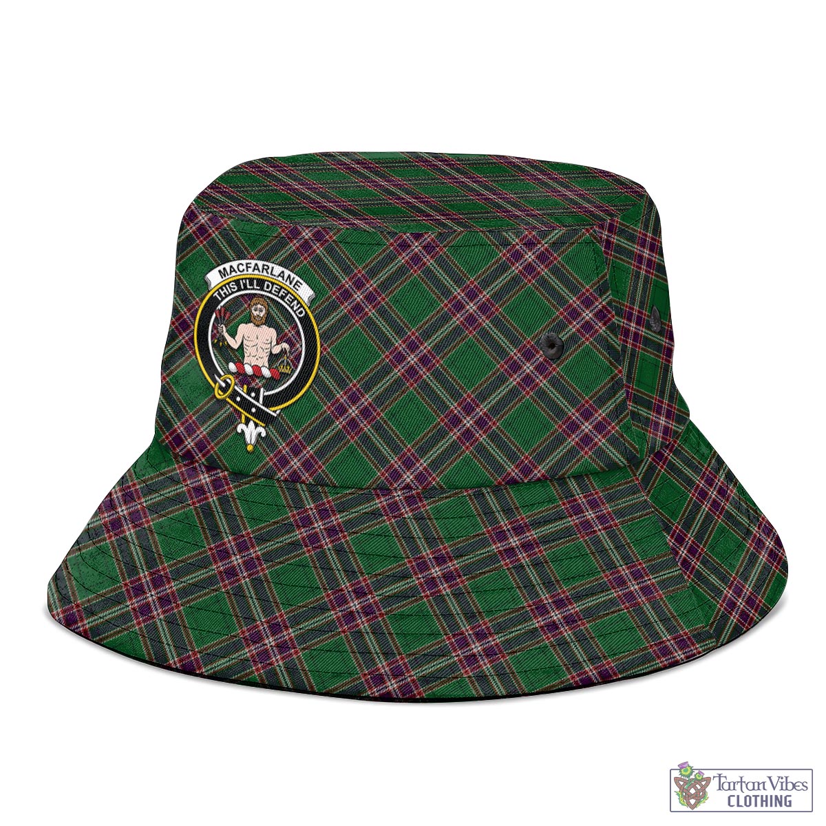 Tartan Vibes Clothing MacFarlane Hunting Tartan Bucket Hat with Family Crest