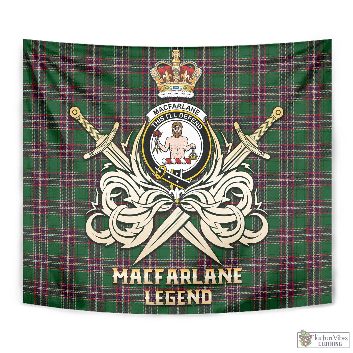 Tartan Vibes Clothing MacFarlane Hunting Tartan Tapestry with Clan Crest and the Golden Sword of Courageous Legacy