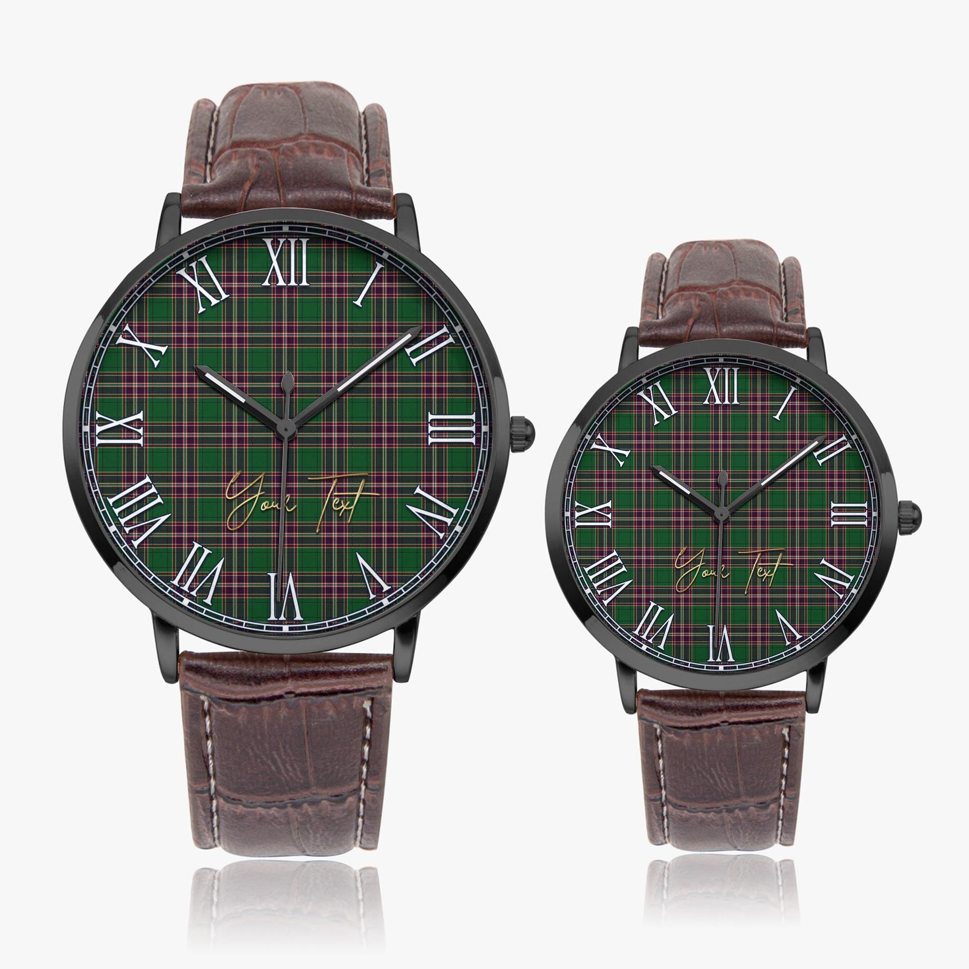 MacFarlane Hunting Tartan Personalized Your Text Leather Trap Quartz Watch Ultra Thin Black Case With Brown Leather Strap - Tartanvibesclothing