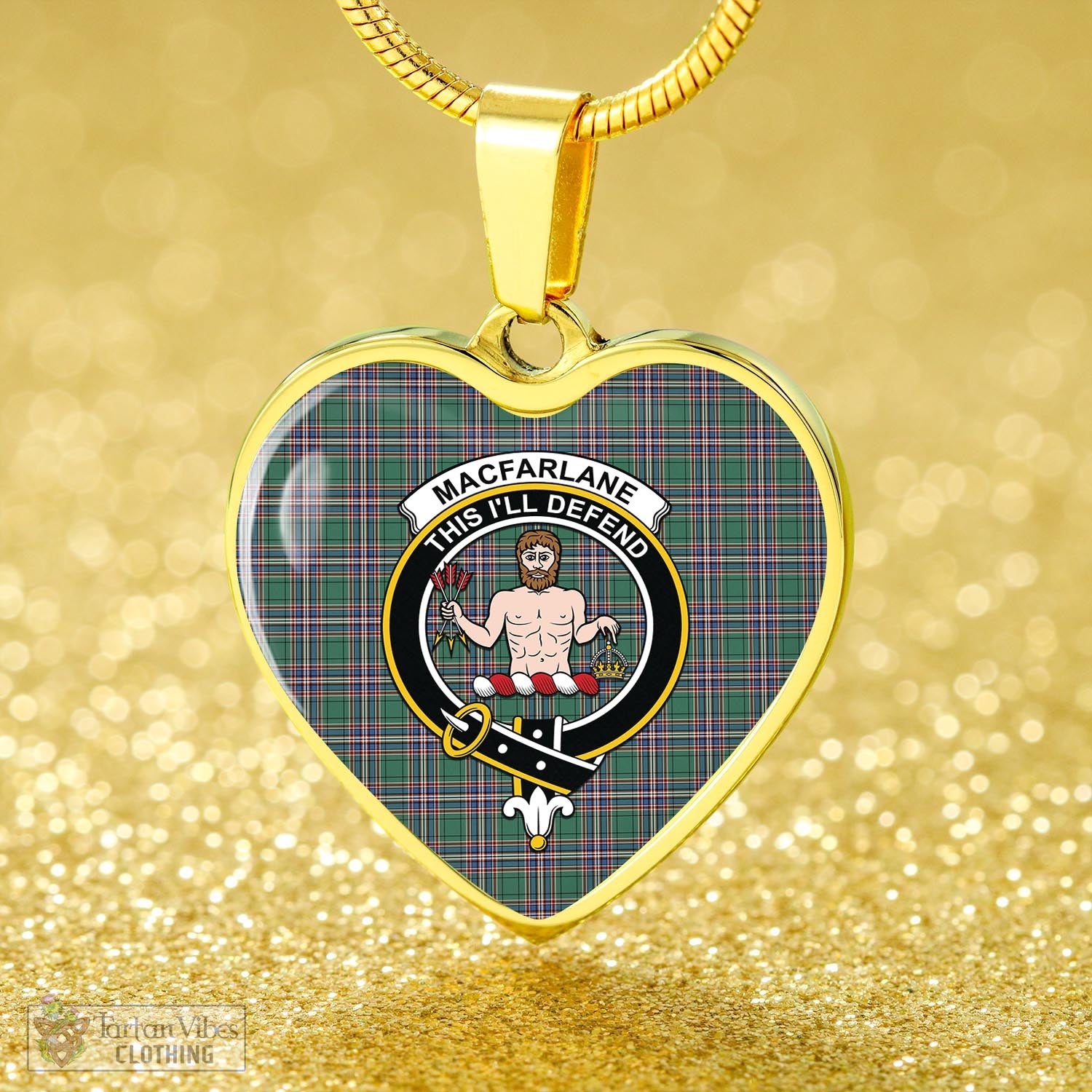 Tartan Vibes Clothing MacFarlane Hunting Ancient Tartan Heart Necklace with Family Crest