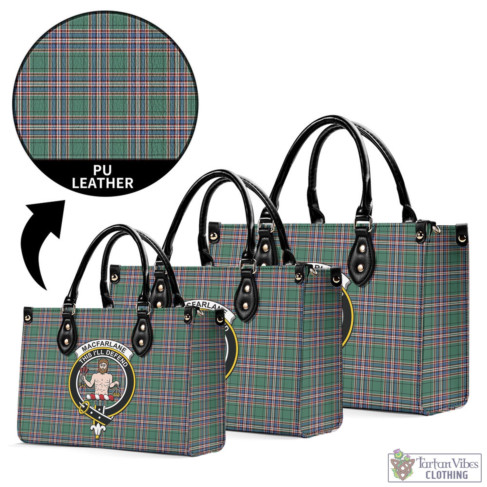 Tartan Vibes Clothing MacFarlane Hunting Ancient Tartan Luxury Leather Handbags with Family Crest