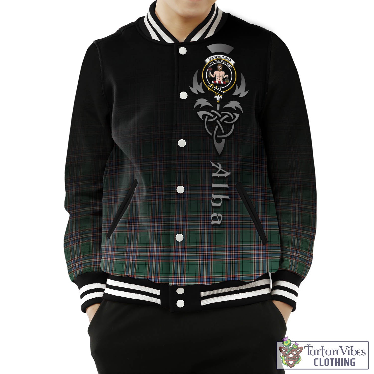 Tartan Vibes Clothing MacFarlane Hunting Ancient Tartan Baseball Jacket Featuring Alba Gu Brath Family Crest Celtic Inspired