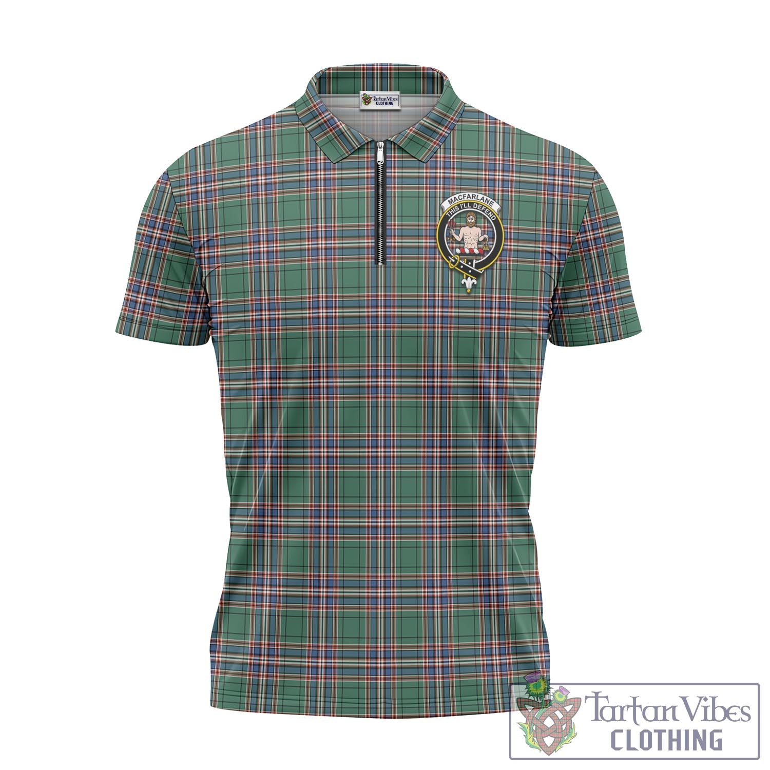 Tartan Vibes Clothing MacFarlane Hunting Ancient Tartan Zipper Polo Shirt with Family Crest