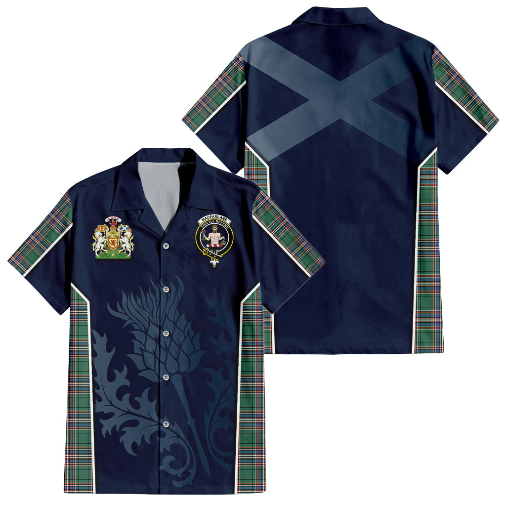 Tartan Vibes Clothing MacFarlane Hunting Ancient Tartan Short Sleeve Button Up Shirt with Family Crest and Scottish Thistle Vibes Sport Style