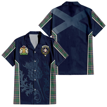 MacFarlane Hunting Ancient Tartan Short Sleeve Button Up Shirt with Family Crest and Scottish Thistle Vibes Sport Style