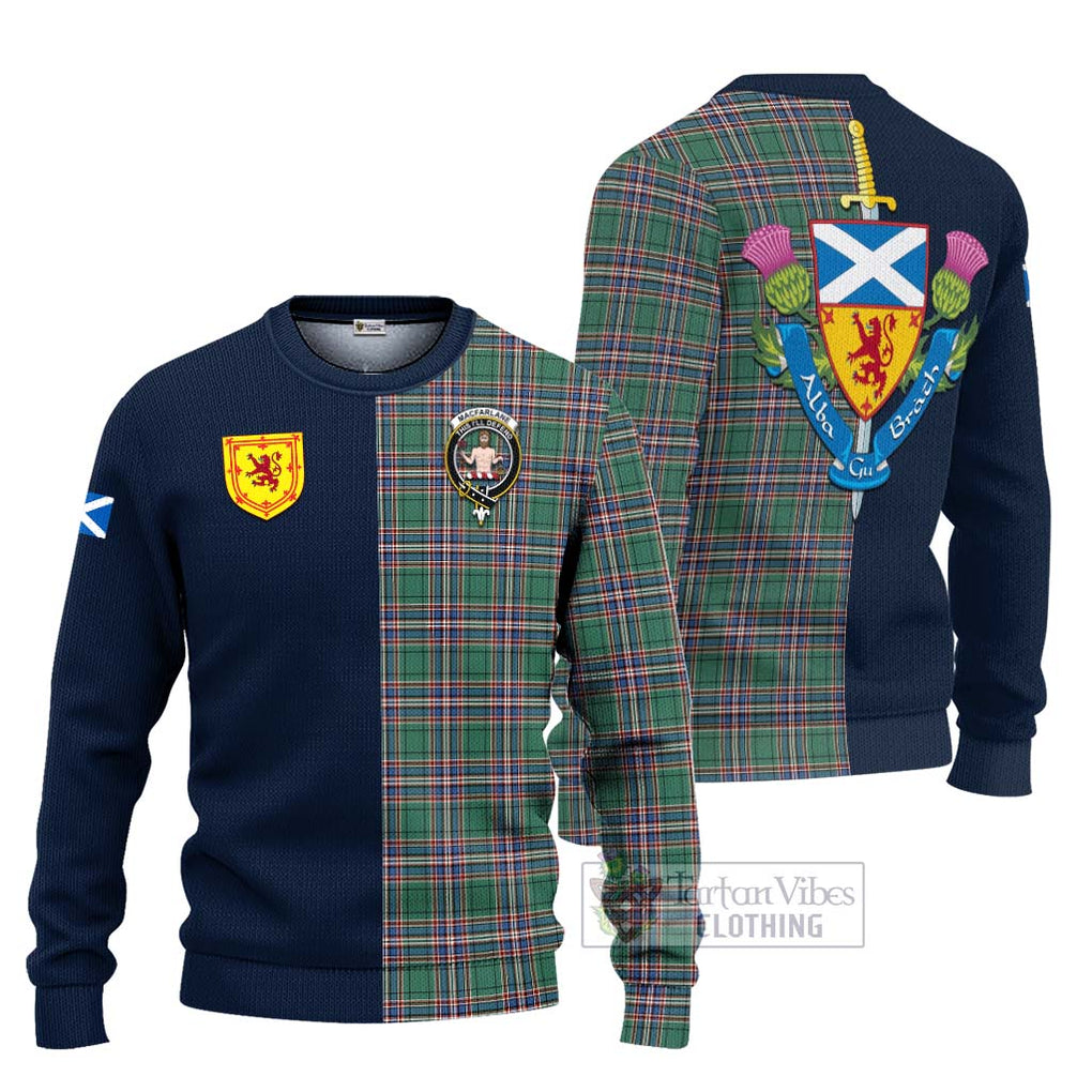 Tartan Vibes Clothing MacFarlane Hunting Ancient Tartan Knitted Sweater with Scottish Lion Royal Arm Half Style