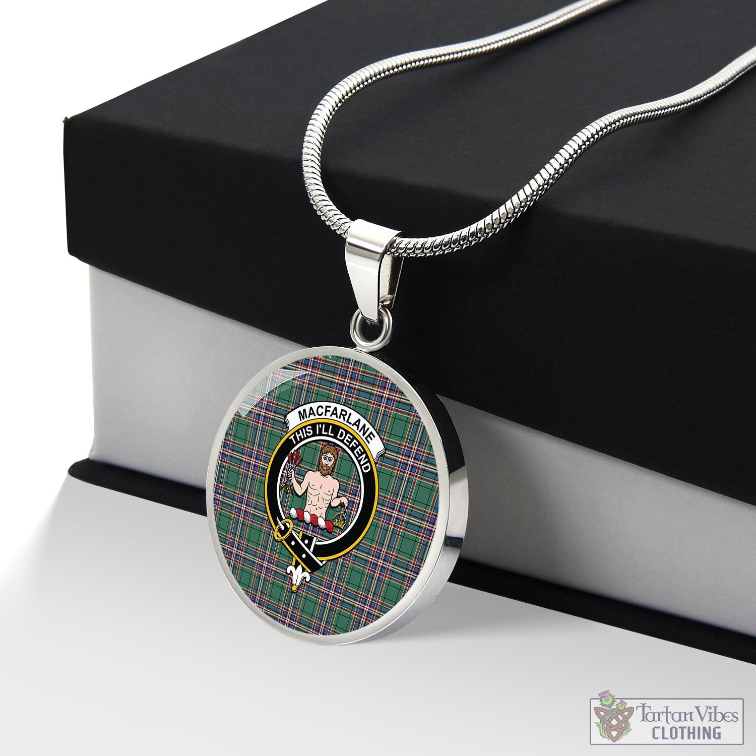 Tartan Vibes Clothing MacFarlane Hunting Ancient Tartan Circle Necklace with Family Crest