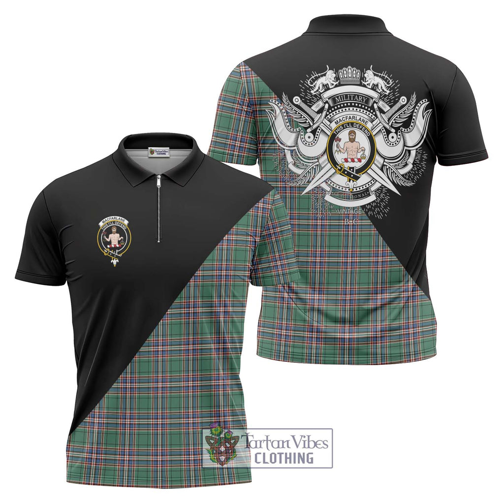 MacFarlane Hunting Ancient Tartan Zipper Polo Shirt with Family Crest and Military Logo Style Unisex - Tartanvibesclothing Shop