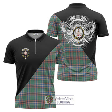 MacFarlane Hunting Ancient Tartan Zipper Polo Shirt with Family Crest and Military Logo Style