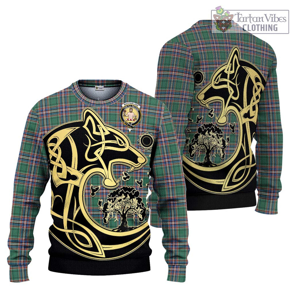 MacFarlane Hunting Ancient Tartan Knitted Sweater with Family Crest Celtic Wolf Style Unisex - Tartan Vibes Clothing