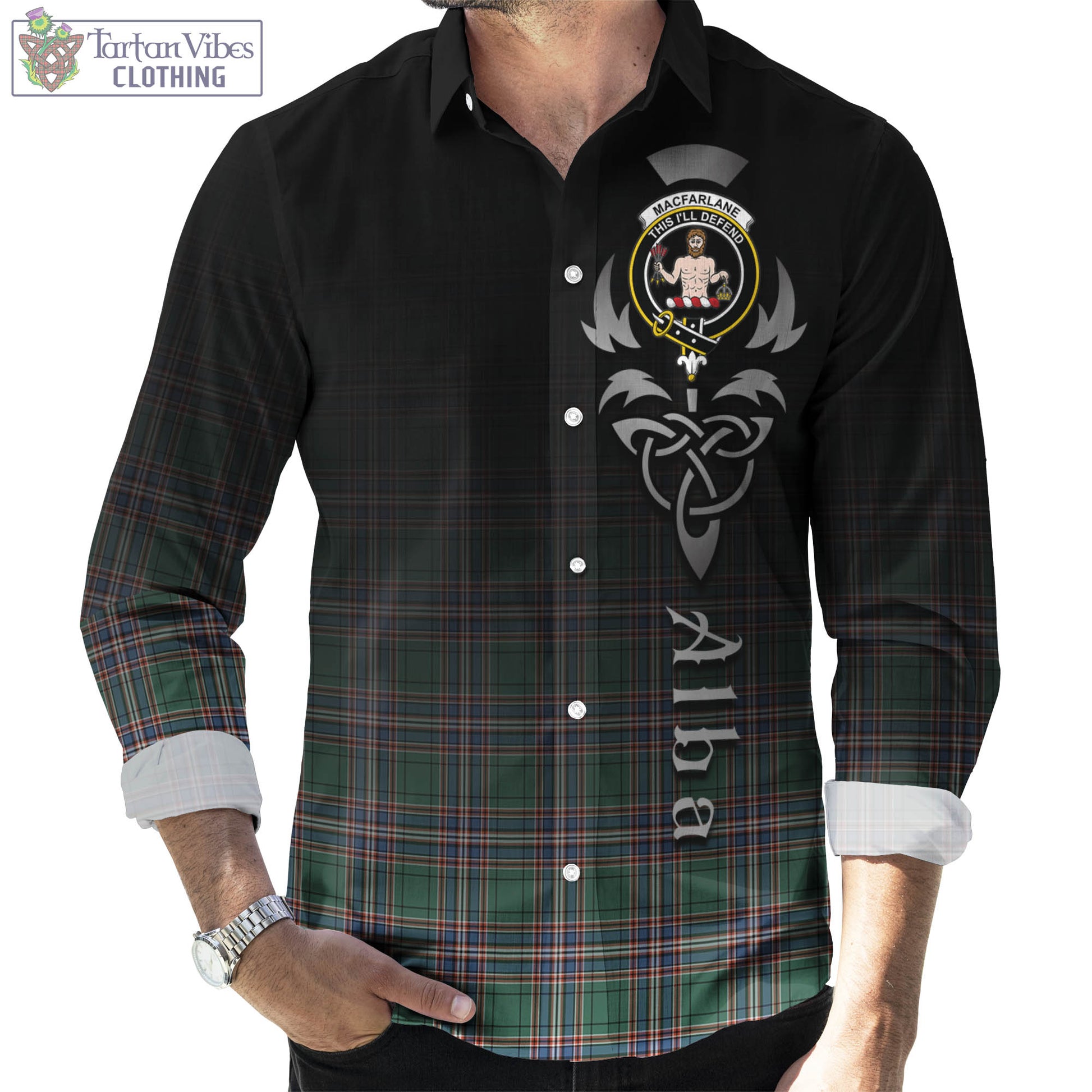 Tartan Vibes Clothing MacFarlane Hunting Ancient Tartan Long Sleeve Button Up Featuring Alba Gu Brath Family Crest Celtic Inspired