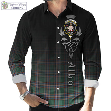 MacFarlane Hunting Ancient Tartan Long Sleeve Button Up Featuring Alba Gu Brath Family Crest Celtic Inspired