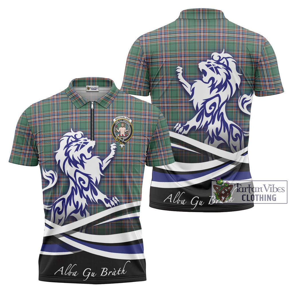 MacFarlane Hunting Ancient Tartan Zipper Polo Shirt with Alba Gu Brath Regal Lion Emblem Unisex - Tartanvibesclothing Shop