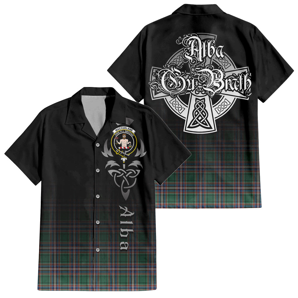 Tartan Vibes Clothing MacFarlane Hunting Ancient Tartan Short Sleeve Button Up Featuring Alba Gu Brath Family Crest Celtic Inspired