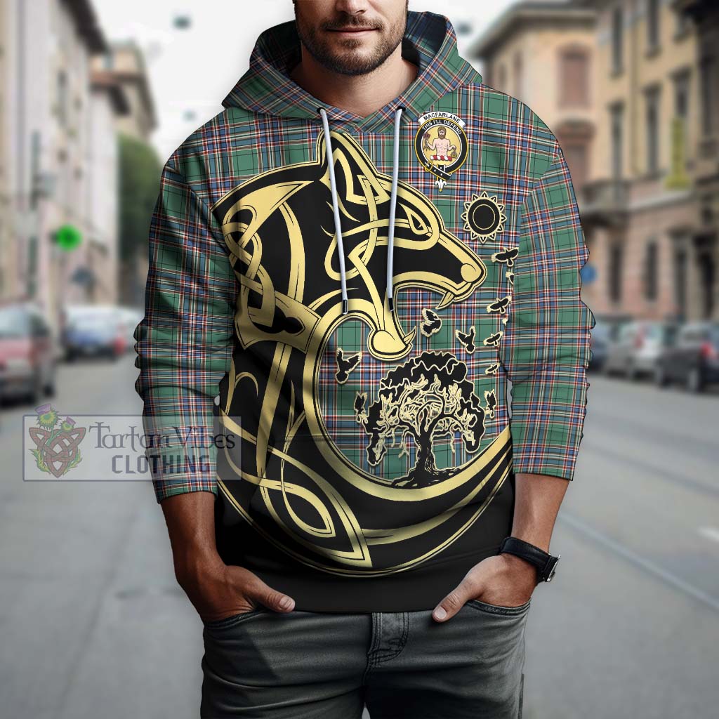 Tartan Vibes Clothing MacFarlane Hunting Ancient Tartan Hoodie with Family Crest Celtic Wolf Style